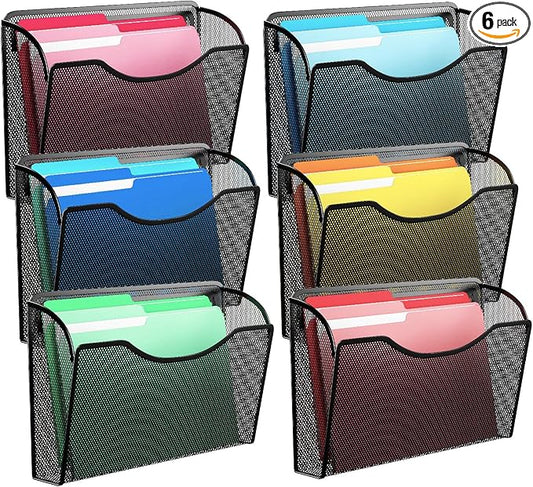 Mesh Hanging Wall File Holders, Vertical Mounted File Holder，Wall Basket Mail Organizer for Office, Home and School (Black 6Pack)