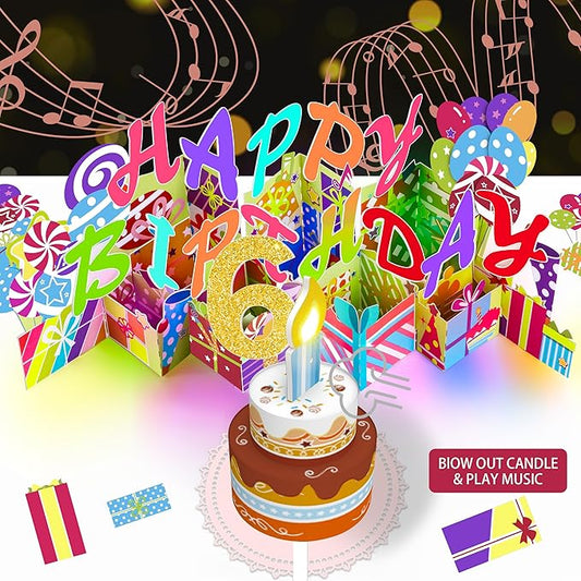 Gumry 6TH Musical Birthday PopUp Card, Blowable Colorful Light Candle 3D Cards with Song, Applause Cheers Sound, Greeting Cards Birthday Gifts Decorations for Daughter Son Turning 6 Years Old