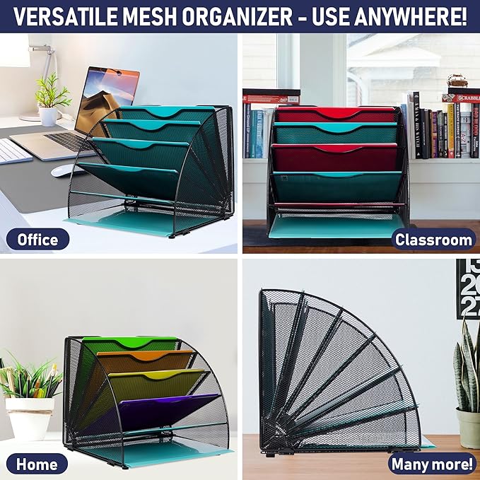 Dasher Products Fan Shaped Office Desk Organizers, 6 Compartments for Storage and Filing of Paper, Bills, Letters, Folders, Binders, Office Supplies. Multi-Functional Desk Organizers and Accessories