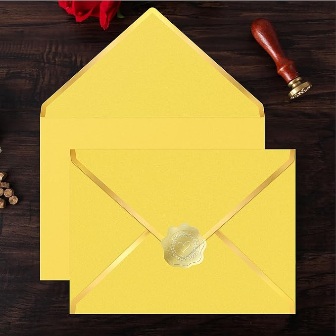 60 Pack Gold Envelopes 5x7 Bulk Yellow, 250G Pearled Cardstock A7 Envelopes for Invitations Business Mailing Envelope with Gold Foil Border, A6 4x6 Envelopes for Wedding Baby Shower Cards