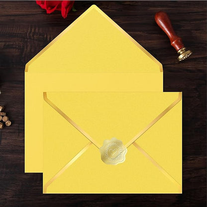 60 Pack Gold Envelopes 5x7 Bulk Yellow, 250G Pearled Cardstock A7 Envelopes for Invitations Business Mailing Envelope with Gold Foil Border, A6 4x6 Envelopes for Wedding Baby Shower Cards