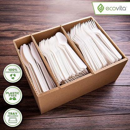 100% Compostable Forks Spoons Knives Cutlery Combo Set - 380 Large Disposable Utensils (7 in.) Eco Friendly Durable and Heat Resistant Alternative to Plastic Silverware with Convenient Tray