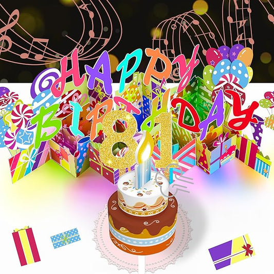Gumry 81ST Musical Birthday PopUp Card, Blowable Colorful Light Candle 3D Cards with Song, Applause Cheers Sound, Greeting Cards Birthday Gifts Decorations for Women Men Turning 81 Years Old