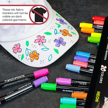 Super Markers 20 Unique Neon Colors Dual Tip Fabric & T-Shirt Marker Set - Double-Ended Fabric Markers with Chisel Point and Fine Point Tips - Ultra-Bright, Vibrant Bold Permanent Ink Colors, Clothing
