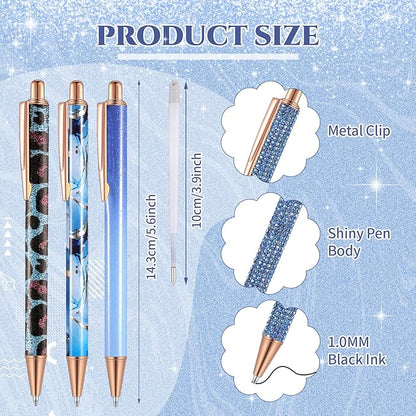 Sherr 7 Pcs Fancy Pens for Women Cute Sparkly Glitter Pens with 10 Pcs Black Ink Refills Pretty Gifts for Girls Office School Christmas Graduation(Dark Blue,Adorable)