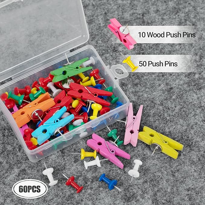 AKTOP Cork Bulletin Board 12x12, 1/2" Thick Felt Cork Board Tiles 6 Pack, Small Square Pin Board for Wall, Self Adhesive Corkboards with 60 Push Pin Wood Clips for School, Home & Office, Grey