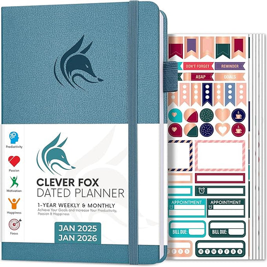 Clever Fox Dated Planner 2025-2026 – Weekly Life Planner Notebook for Goal Setting & Time Management – Planner with Habits Tracker, to-do List & Dated Pages – A5, Lasts 1 Year (Aquamarine)