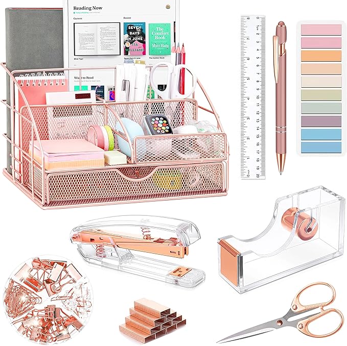 Rose Gold Desk Organizers and Accessories, Office Supplies with Mesh Desk Organizer, Acrylic Tape Dispenser and Stapler, Staples, Ballpoint Pen, Clips Set, Ruler, Scissor, Sticky Labels