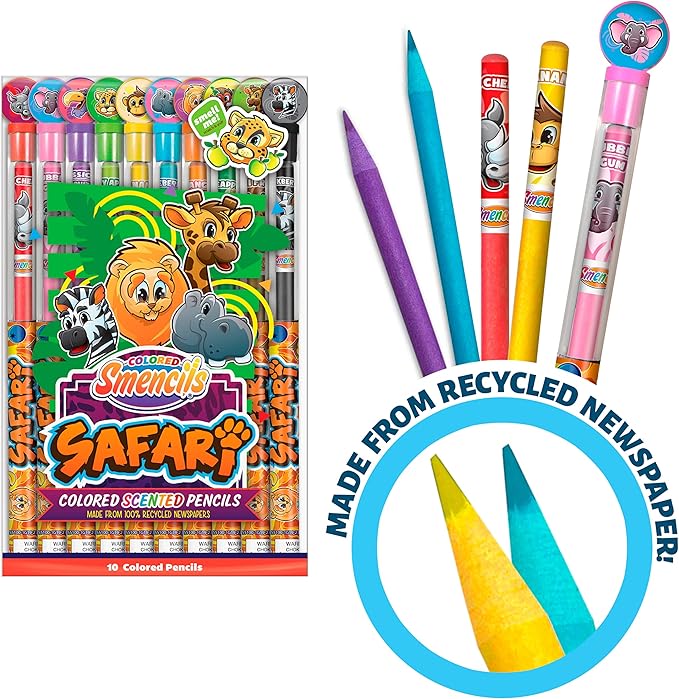 Safari Colored Smencils - Patented Gourmet Scented Colored Fun Pencils - Made from Recycled Newspapers, 10 Count - Gifts for Kids, School Supplies, Classroom Rewards, Student Prizes