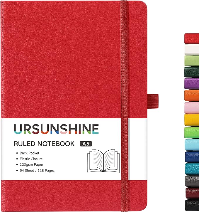 Ruled Notebook/Journal - Classic Lined Journal/Notebook, 5.3'' x 8.26'', Hardcover with Thick Paper, Banded + Pen Holder +Inner Pocket - Red