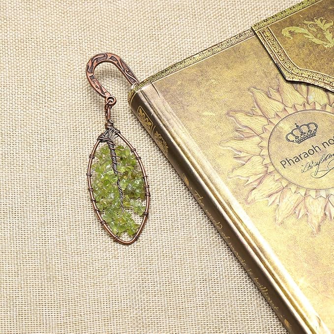 Jovivi 2pcs Antique Copper Metal Bookmark Beading Bookmarks with Handmade 7 Chakra Healing Crystals Tree of Life Tumbled Gemstones & Leaf Bead