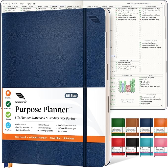 Roterunner Softcover Purpose Planner Notebook B5 7.5 x 9.8 Undated Daily Planner 2024-2025 Daily Weekly and Monthly Productivity Planner Life Planner ADHD Planner for Adults Self Care Journal