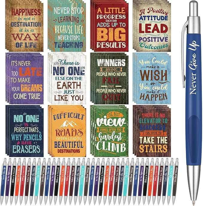 Yeaqee 72 Pcs Motivational Pens Notepads Gifts Set Inspirational Quote Ballpoint Pen Small Notebook Mini Journal Bulk Gifts for Teacher Coworker Gifts Women Office School(Motivational)
