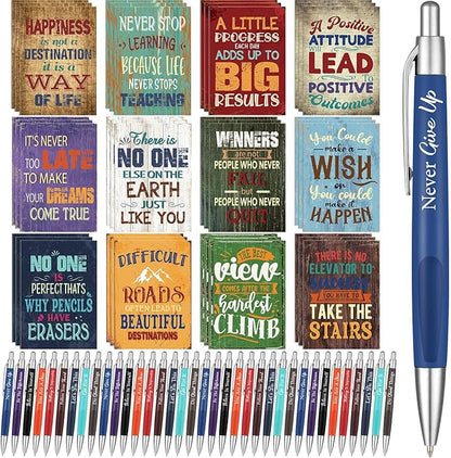 Yeaqee 72 Pcs Motivational Pens Notepads Gifts Set Inspirational Quote Ballpoint Pen Small Notebook Mini Journal Bulk Gifts for Teacher Coworker Gifts Women Office School(Motivational)