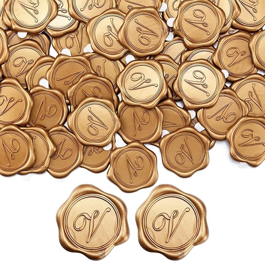 Yoption Initial Alphabet V Adhesive Wax Seal Stickers, 100 Pack Letter Wax Seal Stickers Antique Gold Self Adhesive Envelope Seals for Wedding Party Birthday Christmas (V)