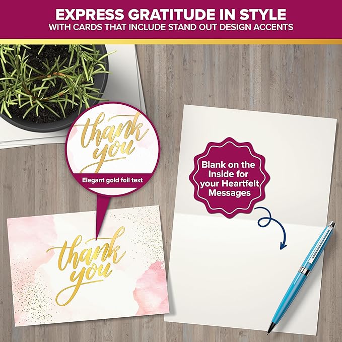 Decorably 24 Pack Gold-Foiled 6x4in Pink Thank You Cards with Envelopes and Stickers, 6 Elegant Designs Pink Blank Cards and Envelopes, Blank Inside - Wedding, Baby Shower, Birthday