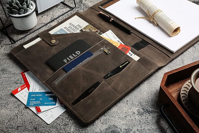 Personalized Leather Portfolio for Men, Engraved Leather Clipboard Portfolio Binder, Custom Leather Resume Padfolio for Women, Christmas Gift for His/Her (Notepad, Grey-Custom)