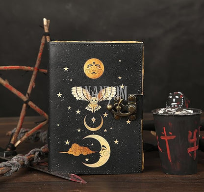 Handmade Leather Journal, Black, Sun & Moon Design, 8 x 6 Inch, 200 Unruled Pages, Hand Embossed, Deckle Edge Paper, Brass Clasp Lock, Vintage Notebook Diary, Sketchbook for Artists & Writers