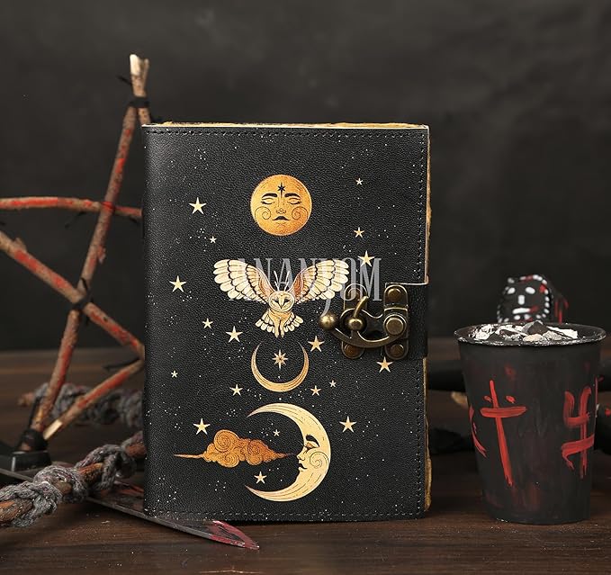 Handmade Leather Journal, Black, Sun & Moon Design, 7 x 5 Inch, 200 Unruled Pages, Hand Embossed, Deckle Edge Paper, Brass Clasp Lock, Vintage Notebook Diary, Sketchbook for Artists & Writers