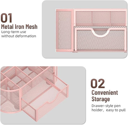 SUPEASY Mesh Desk Organizer, Desk Accessories & Workspace Organizers with Drawers, Pencil Holder for Desk with 9 Compartments for Office Suppliess, 8.6 x 4.3 x 4.1 Inch, Pink