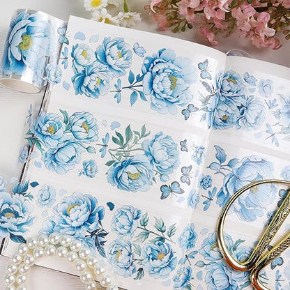 PET Tape Stickers for Journaling - Blue Flower Junk Journal Supplies Scrapbooking Tapes, Aesthetic Peony Flower Bullet Scrapbook Journal Stickers Tape, Decorative Tapes for Art Crafts