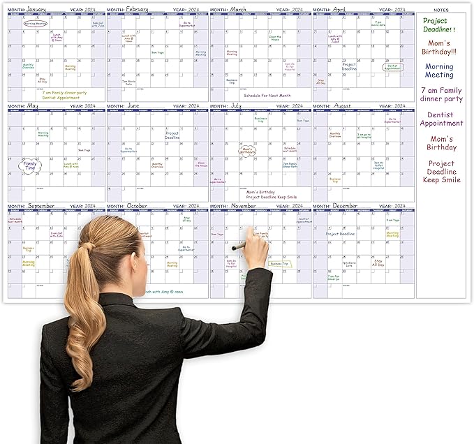 Large Dry Erase Calendar – Yearly Wall Calendar Dry Erase, 57.9" x 37", 12-Month Undated Calendar, Reusable Laminated with 15 Stickers - Purple