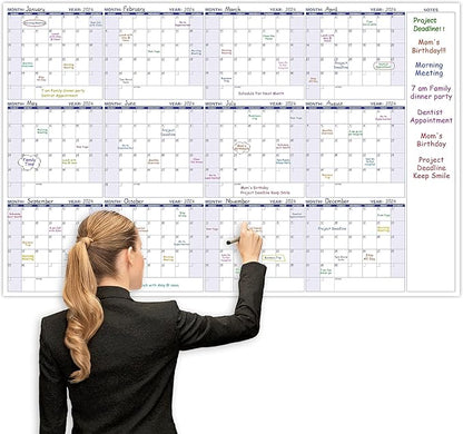 Large Dry Erase Calendar – Yearly Wall Calendar Dry Erase, 57.9" x 37", 12-Month Undated Calendar, Reusable Laminated with 15 Stickers - Purple