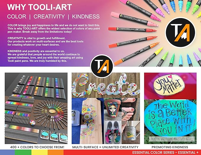 TOOLI-ART Acrylic Paint Pens Assorted Vibrant Markers for Rock Painting, Canvas, Glass, Mugs, Wood, Fabric, Metal, Ceramics. Non Toxic, Quick Dry, Multi-Surface, Lightfast (EXTRA FINE)