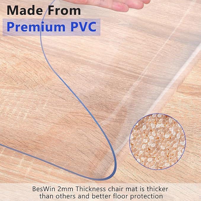 BesWin Large Office Chair Mat for Hardwood Floor, 63"×51" Fully Clear Desk Chair Mat for Rolling Chairs, Heavy Duty Floor Protector Mat for Home Office, Easy Glide, Flat Without Curling (Rectangle)