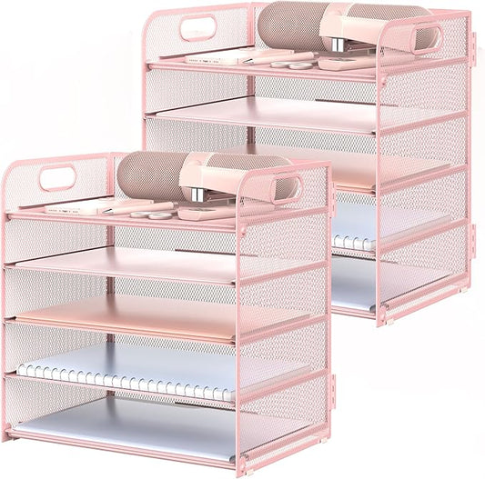 2 Pack Letter Tray Paper Organizer 5-Tier Desk Organizer File Organizer Paper Holder with Handle, Metal Desktop Document Shelf Tray Office Classroom Organization - Pink