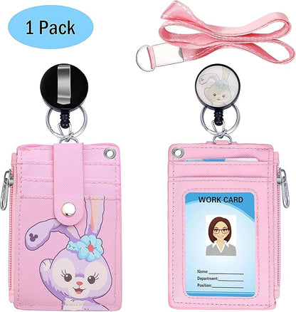 Cute ID Badge Holder Retractable Lanyard Reel Clip with Heavy Duty Carabiner,5 Card Slots in 2 Sided with Key Ring and Zipper for Students Teens Boys Girls Office Staff Women (Purple Rabbit)
