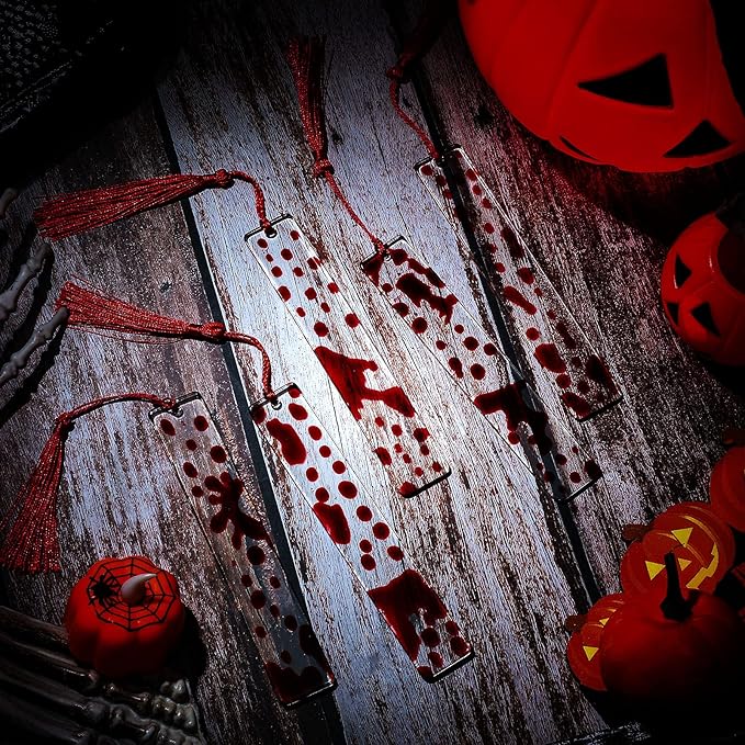 5 Pieces Blood Bookmark Halloween Theme Bookmarks Blood Splatter Bookmark Art Page Marker Bloodstain Bookmark Handmade Ideal Trick or Treat Present for Friends, Kids, Students, Teacher