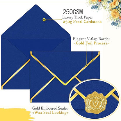 60 Pack Gold Envelopes 5x7 Royal Blue, 250G Pearled Cardstock A7 Envelopes for Invitations Business Mailing Envelope with Gold Foil Border, A6 4x6 Envelopes for Wedding Baby Shower Cards