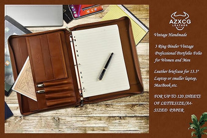 AZXCG Men's Genuine Leather Business Portfolio, Zippered Padfolio Organizer 3-Ring Binder, Organized Portfolio with Pen Rings, Business Card Holder, File Pocket, Holds 99% of iPad and Kindle Fire.