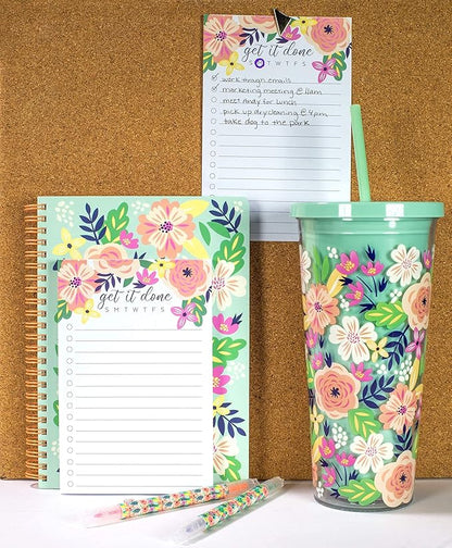 Steel Mill & Co Cute Green Mini Spiral Notebook, 8.25" x 6.25" Journal with Durable Hardcover and 160 Lined Pages, Mint Floral