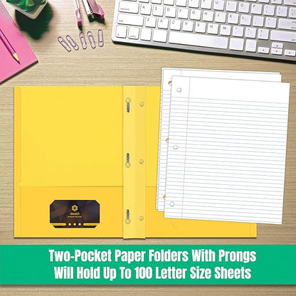 2 Pocket Folders, Assorted 7 Vibrant Colors with Complementing Interior Colors, Fits Letter Size Paper, for School, Office, Home (with Prongs, 25)