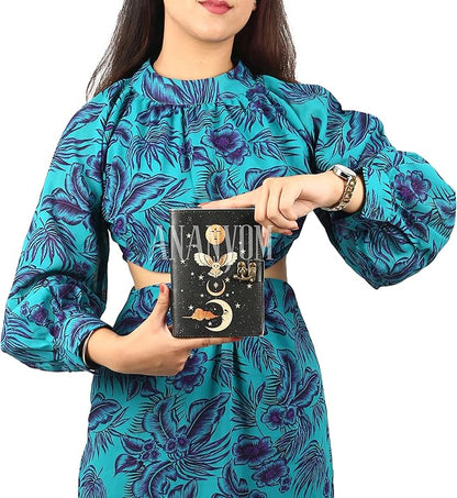 Handmade Leather Journal, Black, Sun & Moon Design, 7 x 5 Inch, 200 Unruled Pages, Hand Embossed, White Paper, Brass Clasp Lock, Vintage Notebook Diary, Sketchbook for Artists & Writers