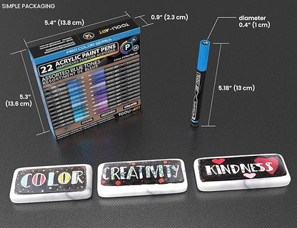 Acrylic Paint Pens 22 Blue & Purple Tones Assorted Pro Color Series Markers Set 0.7mm Extra Fine Tip for Rock Painting, Glass, Mugs, Wood, Metal, Canvas, Projects, Non Toxic, Waterbased, Quick Drying