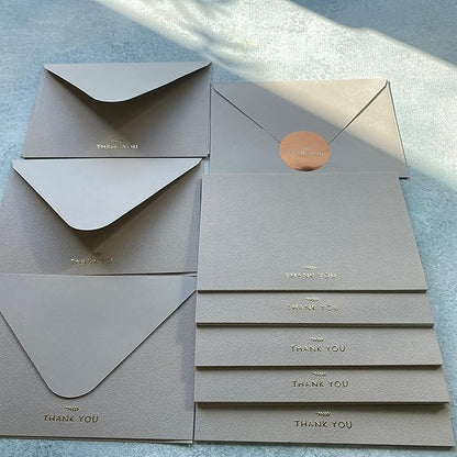 RUN2PRINT (36 Pack) Thank You Cards With Envelopes & Gift of 36 Foiled Stickers - Elegant Emboss Rose Gold Foil Pressed Blank Notes Wedding All Occasion Cards (Beige)