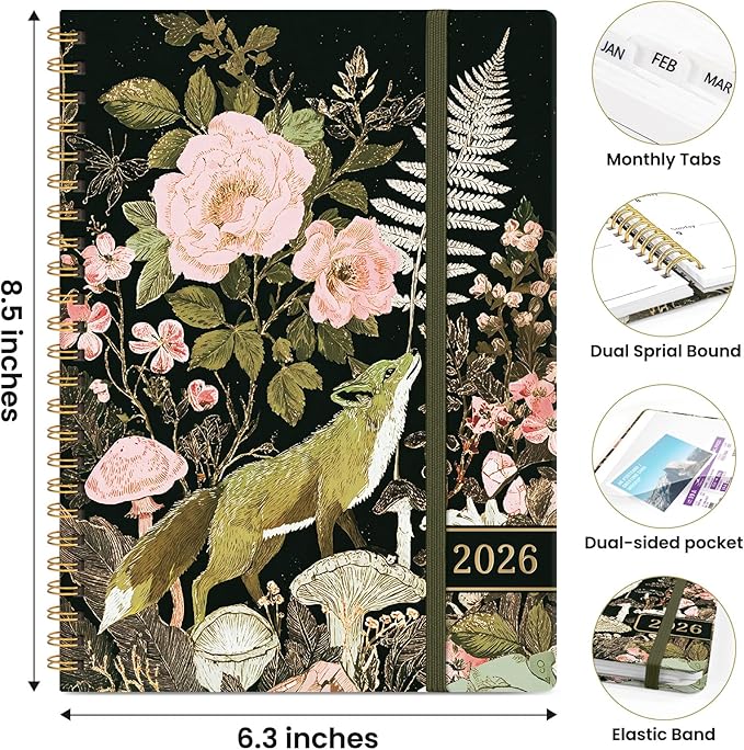 2026 Planner, Weekly and Monthly Planner for Women, January 2026 to December 2026, Pretty Hardcover 2026 Calendar Planner Book with Tabs, Inner Pocket, Spiral Bound, Perfect Office Home School Supplies - 6.3" x 8.5", Wildwood Fox