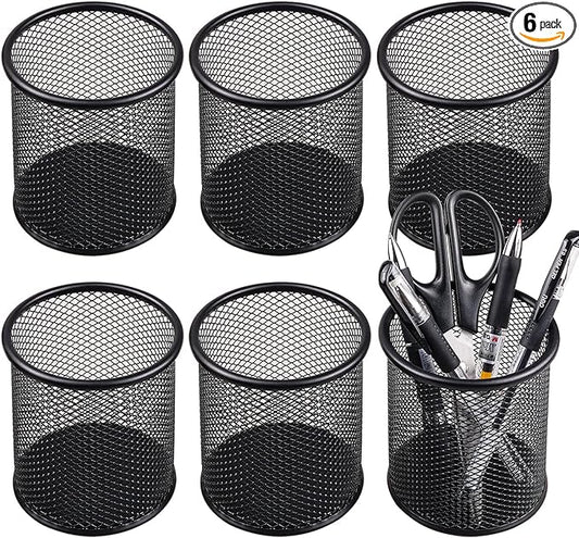 QYH Mesh Pen Cup Metal Pencil Holder for Desk 6 Packs Black Pen Organizer Office 3.54x3.93 Inch