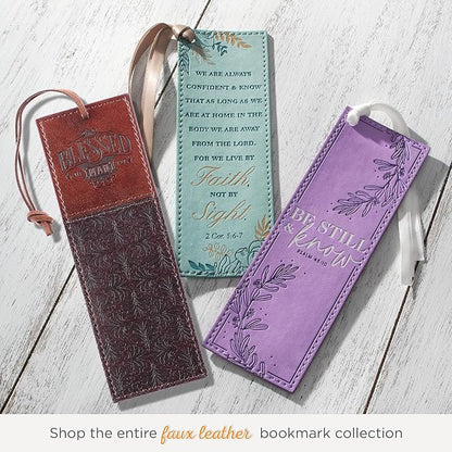 Christian Art Gifts Faux Leather Bookmark Blessed Man Jeremiah 17:7 w/Corded Tassel, Brown