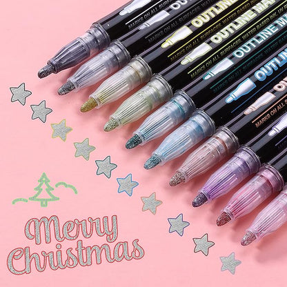 Mr. Pen- Double Line Outline Markers, 10 Colors, Self-Outline Metallic Markers, Outline Pens, Craft Pens