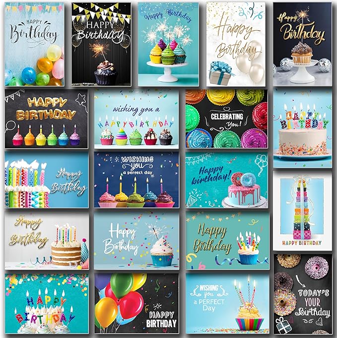 100 Happy Birthday Cards Bulk, Folded with Envelopes, Stickers, Large 5x7 Inch, and Generic Greetings Inside for Office, Business, Employees and Personal