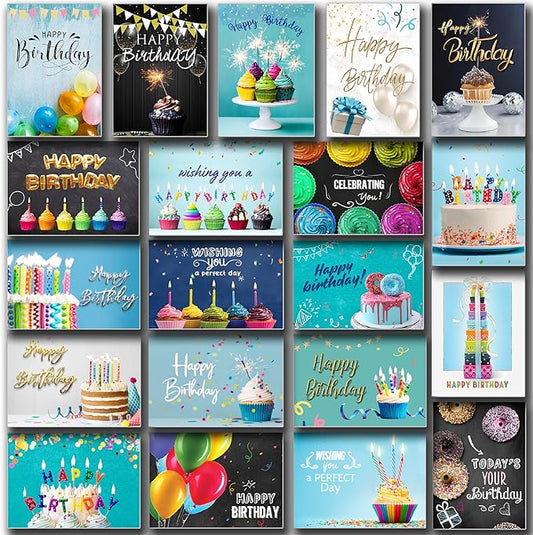 100 Happy Birthday Cards Bulk, Folded with Envelopes, Stickers, Large 5x7 Inch, and Generic Greetings Inside for Office, Business, Employees and Personal