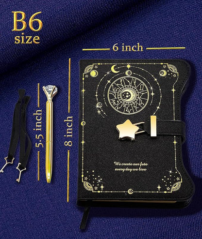 Diary with Lock and Keys for Girls Gift Ideas, 360 Kraft Pages Journal for Women, B6 Refillable Notebook for Writing with Pen and Bookmark (Astro Black)