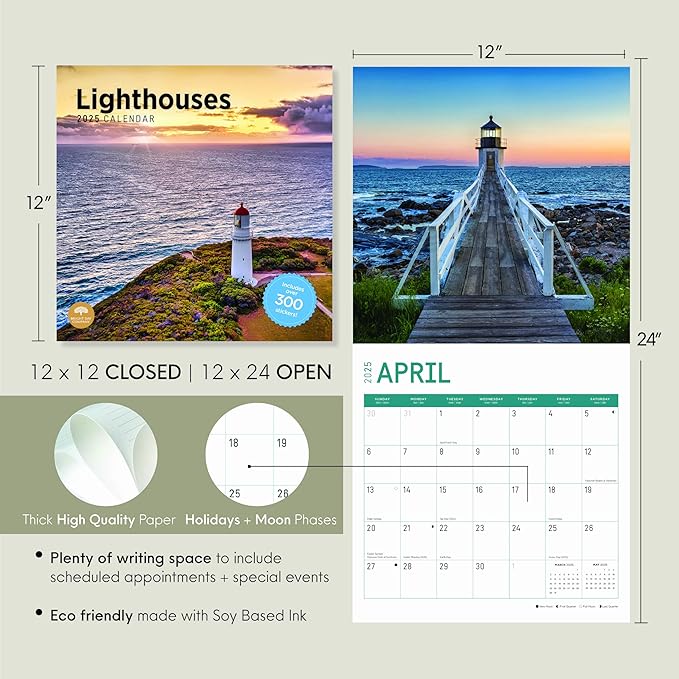 2025 Lighthouses Monthly Wall Calendar by Bright Day, Includes Over 300 Stickers, 12 x 12 Inch