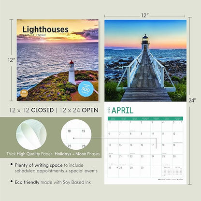 2025 Lighthouses Monthly Wall Calendar by Bright Day, Includes Over 300 Stickers, 12 x 12 Inch