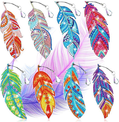 8 Pcs 5D Diamond Painting Bookmarks Kits DIY Feather Bookmark Diamond Art Bookmarks Crystal Shaped Diamond Feather Bookmark for Home Office Project