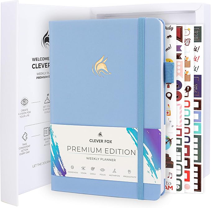 Clever Fox Planner Premium Edition – Undated Luxurious Weekly & Monthly Planner to Increase Productivity and Hit Your Goals – Organizer – Start Anytime, A5, Lasts 1 Year, Light Blue (Weekly)